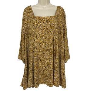 Susan Graver Liquid Knit Top Womens 4X Yellow Polka Dot Square Neck Elbow Sleeve